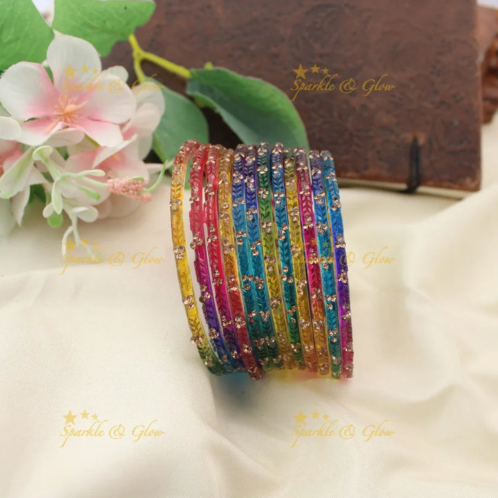 Stunning Glass Bangles with Stone Embellishments – Set of 12