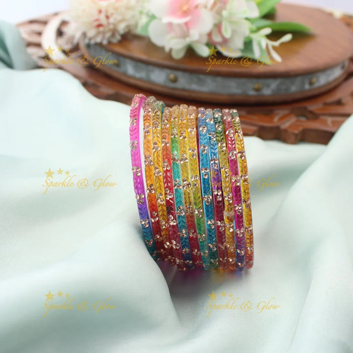 Stunning Glass Bangles with Stone Embellishments – Set of 12