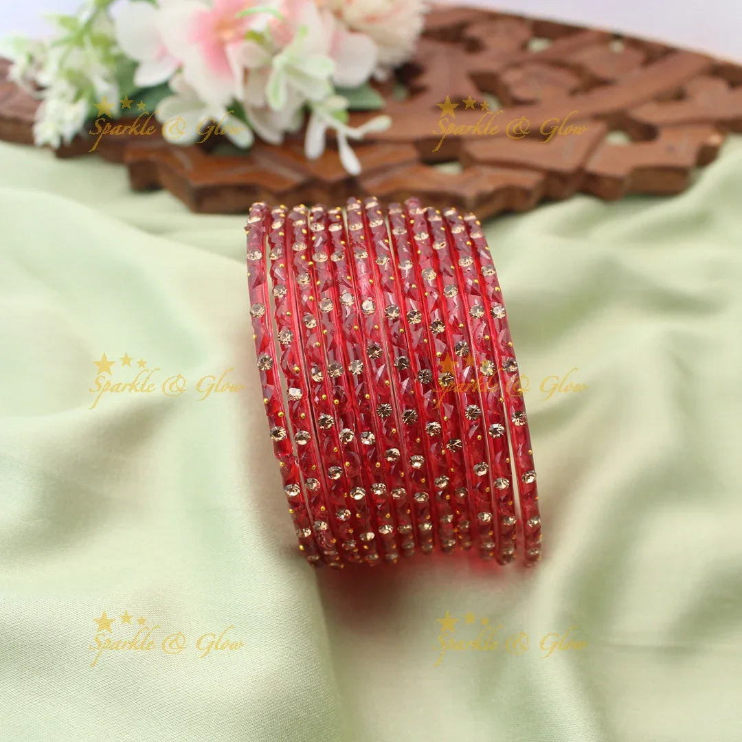 Adorable Glass Bangles with Golden Stone Accents – Set of 12