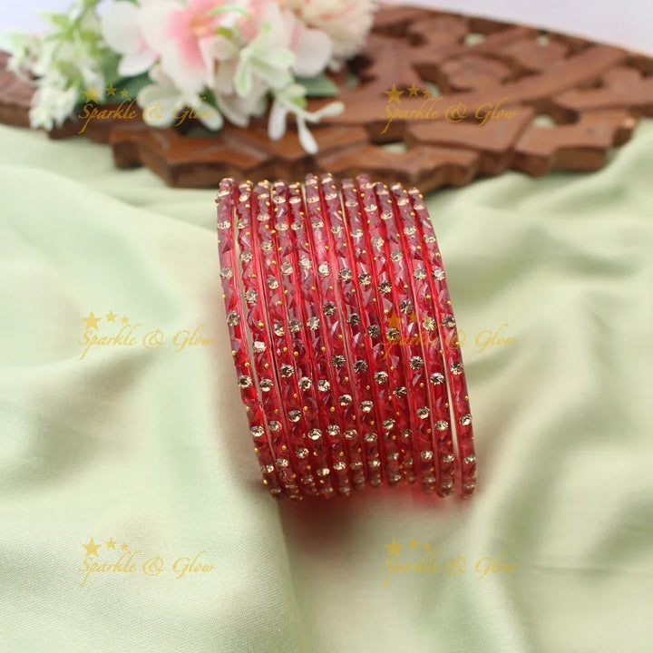 Adorable Glass Bangles with Golden Stone Accents – Set of 12