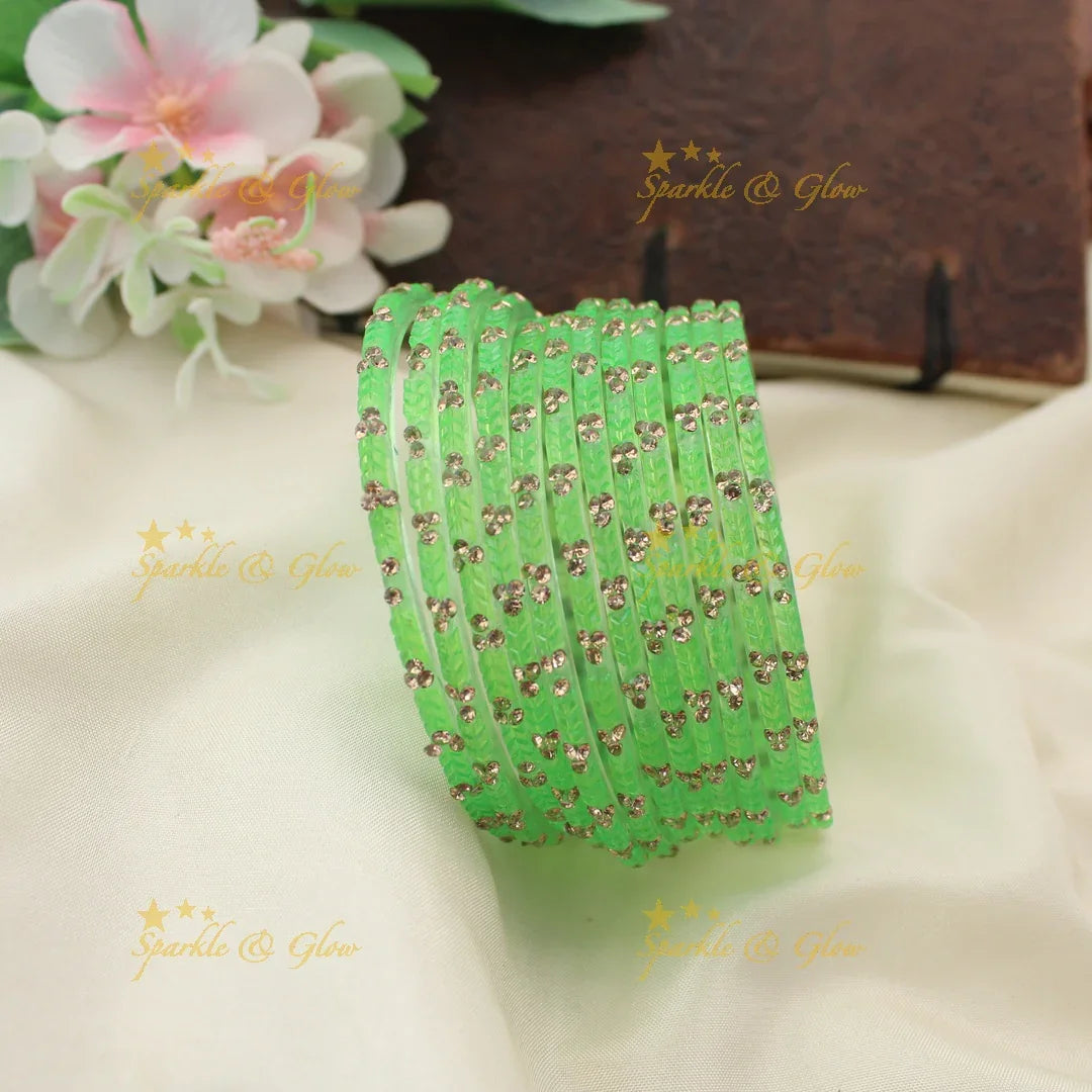 Stunning Glass Bangles with Stone Embellishments – Set of 12