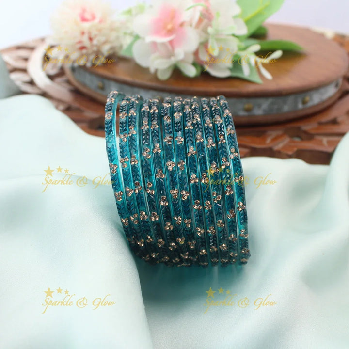 Stunning Glass Bangles with Stone Embellishments – Set of 12