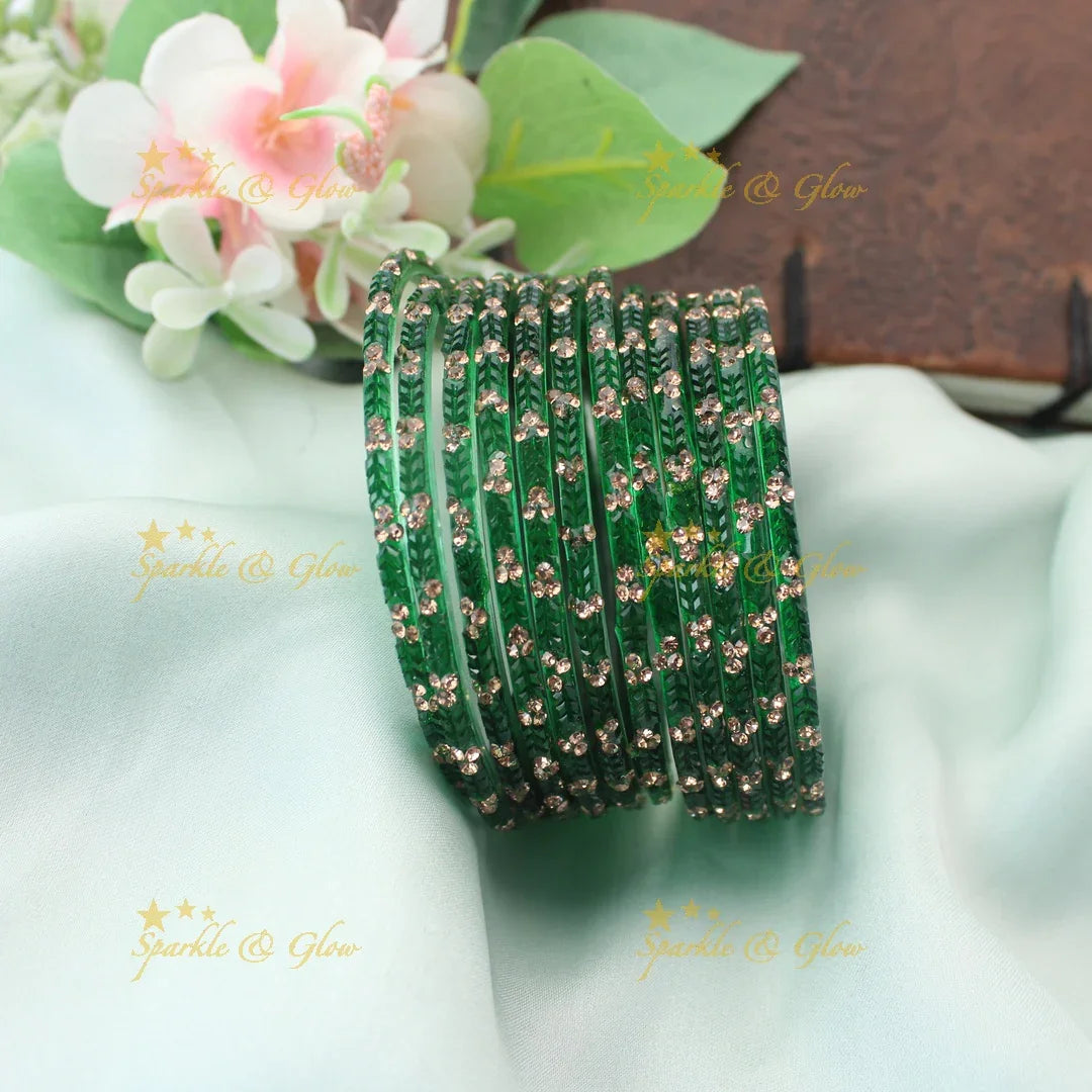 Stunning Glass Bangles with Stone Embellishments – Set of 12