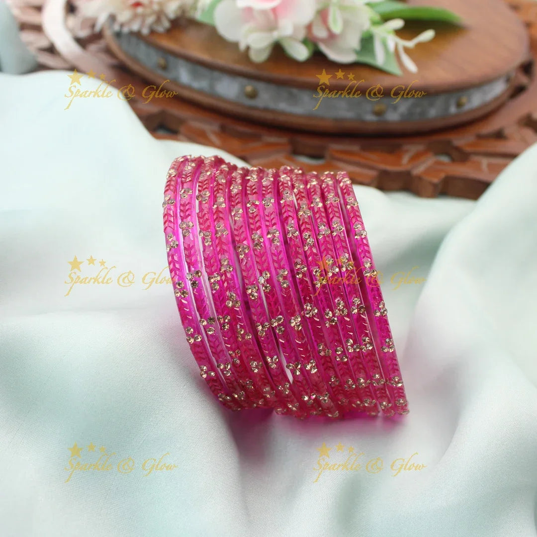 Stunning Glass Bangles with Stone Embellishments – Set of 12