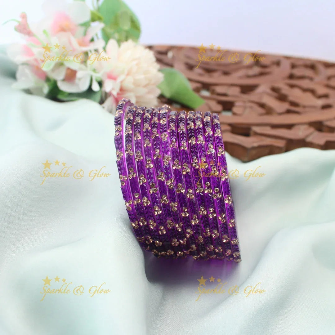 Stunning Glass Bangles with Stone Embellishments – Set of 12