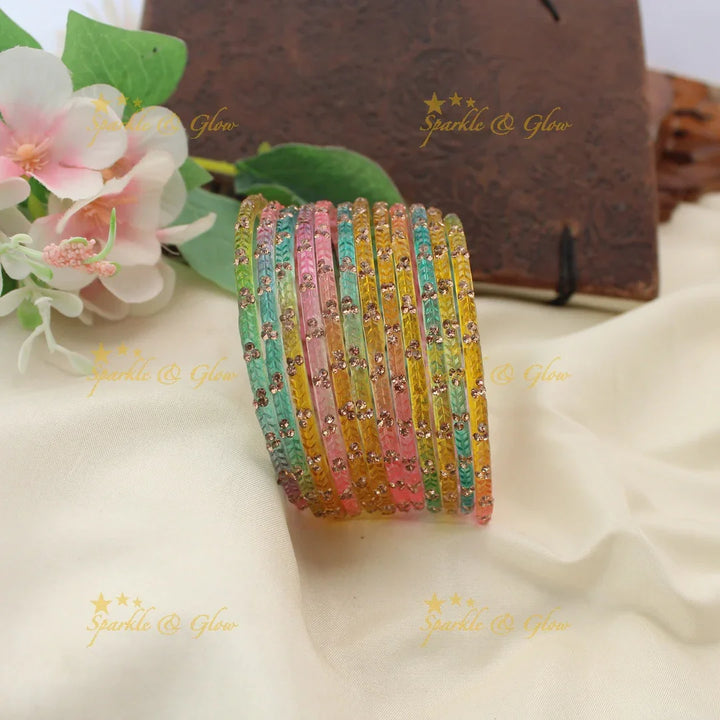 Stunning Glass Bangles with Stone Embellishments – Set of 12