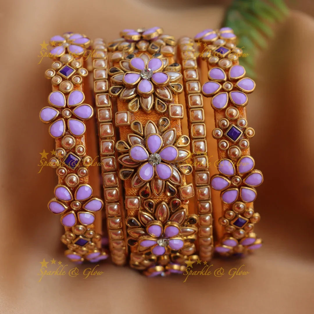 Stunning Peach and Lavender Floral Kundan Silk Thread Bangles Set - Sparkle and Glow