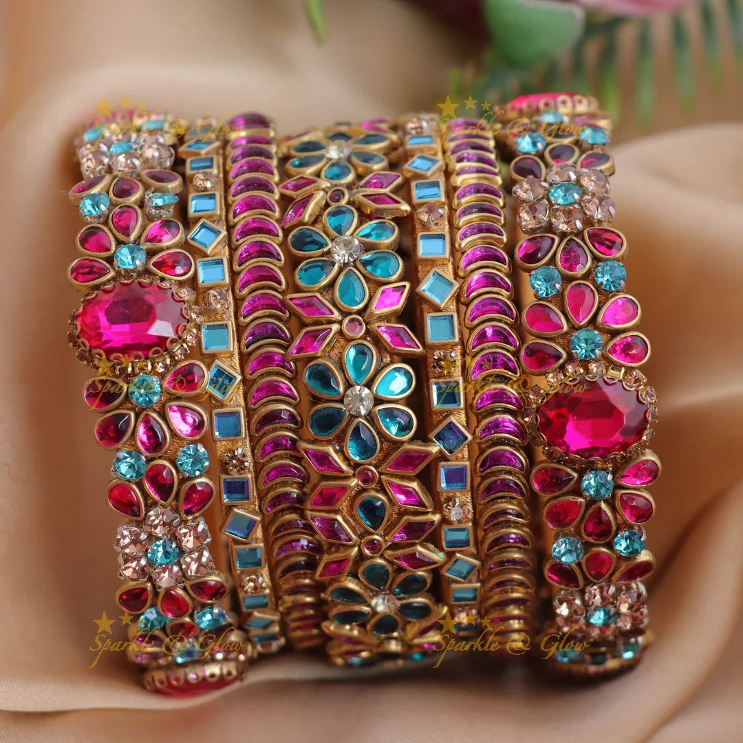 Pink-Turquoise blue Multicolor Kundan Floral Bangles with Crystals-  One hand