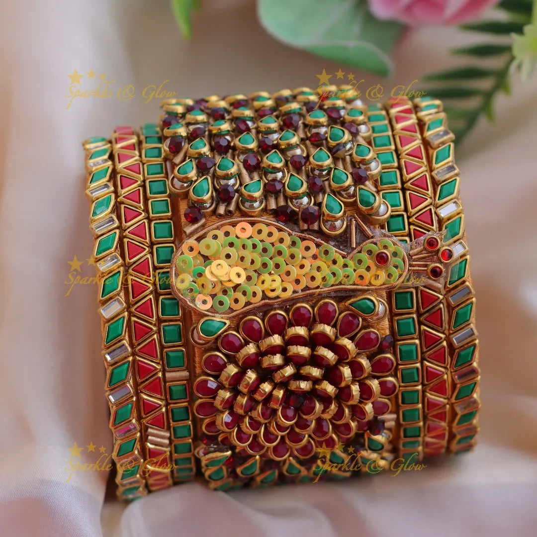 Grand Peacock Floral Silk thread Kundan Bridal bangles set - Sparkle and Glow