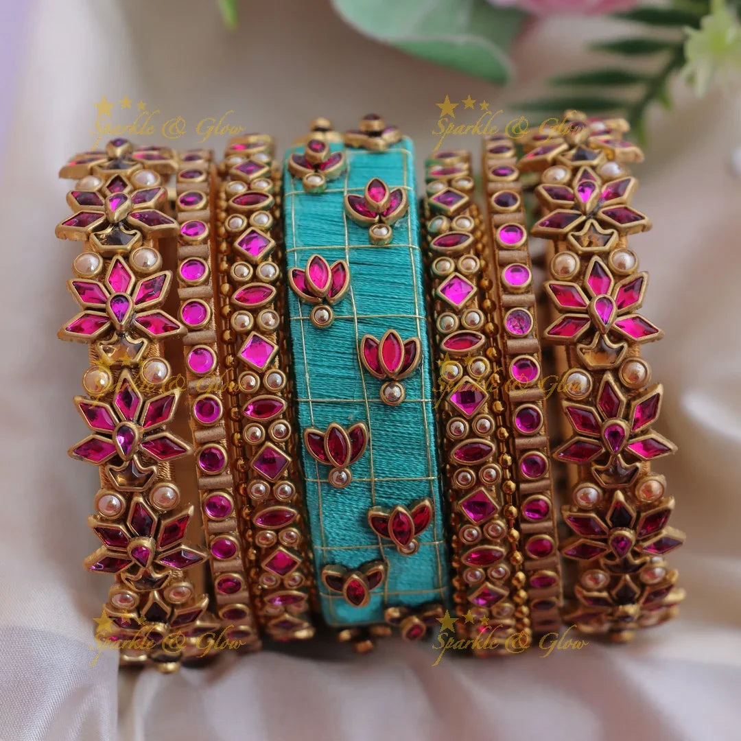 Stunning Teal & Pink Stone Lotus Design Silk thread Kundan Bangles Set - Sparkle and Glow
