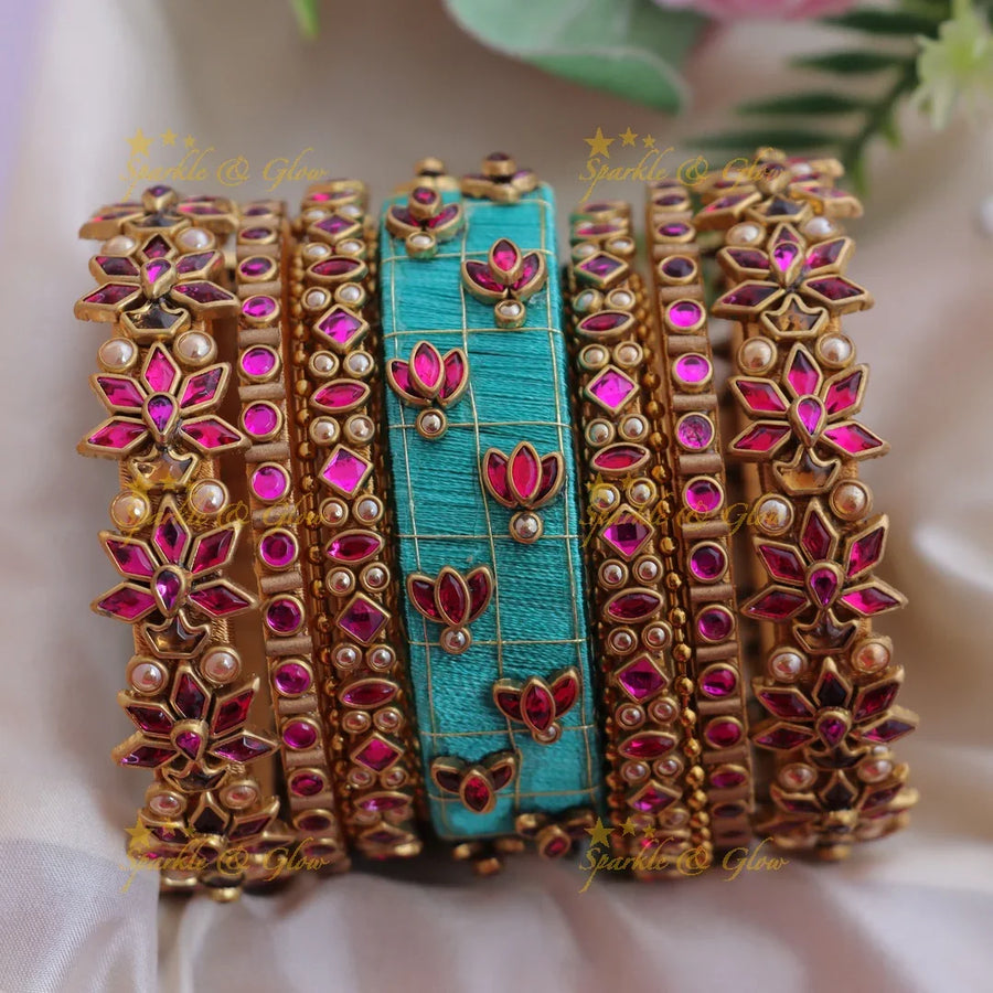 Stunning Teal & Pink Stone Lotus Design Silk thread Kundan Bangles Set - Sparkle and Glow