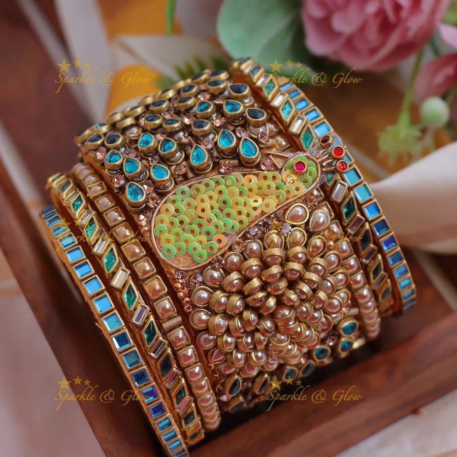 Stunning Gold Peacock Design Blue Kundan Stone Silk thread Bangle set - Sparkle and Glow