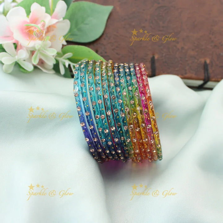 Adorable Glass Bangles with Golden Stone Accents – Set of 12