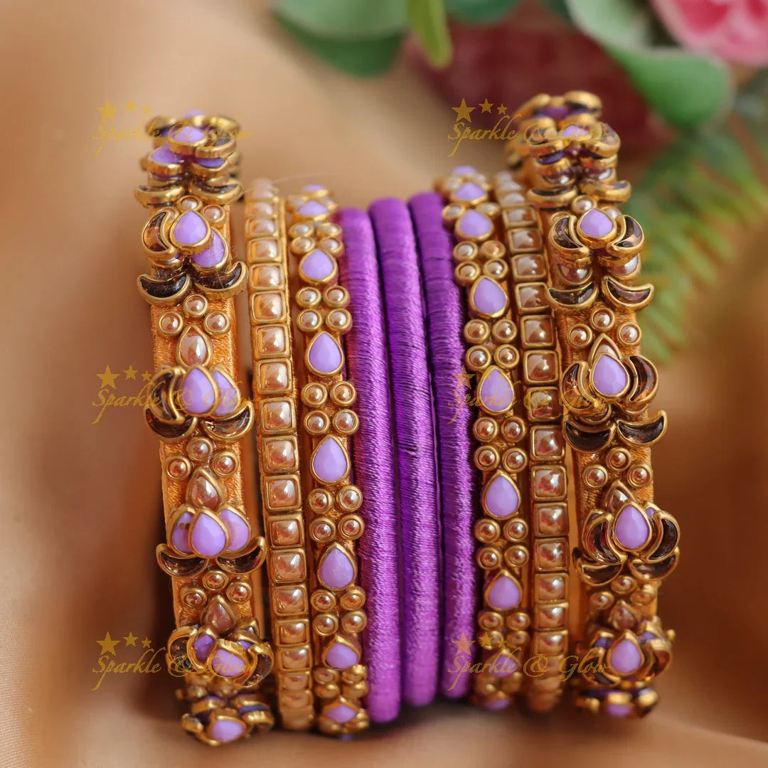 Stunning Lavender Lotus Motif & Silk Thread Traditional Bangle Set - Sparkle and Glow
