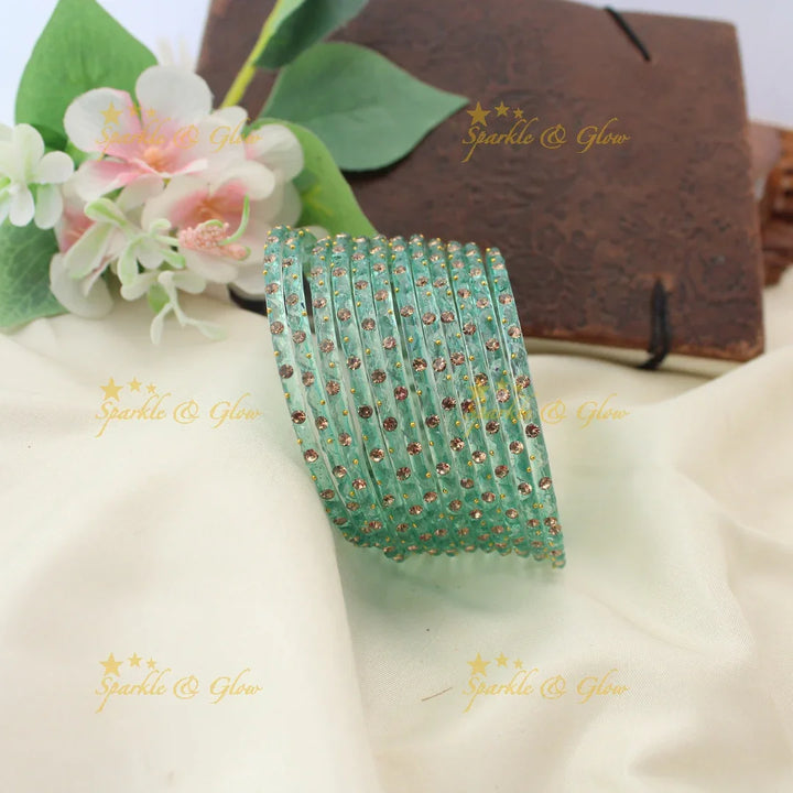 Adorable Glass Bangles with Golden Stone Accents – Set of 12