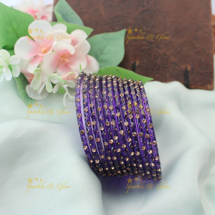 Adorable Glass Bangles with Golden Stone Accents – Set of 12