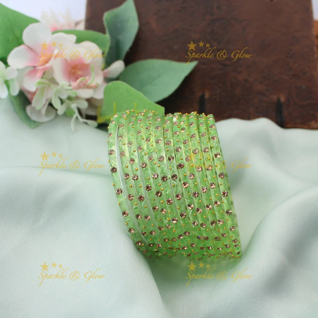 Adorable Glass Bangles with Golden Stone Accents – Set of 12