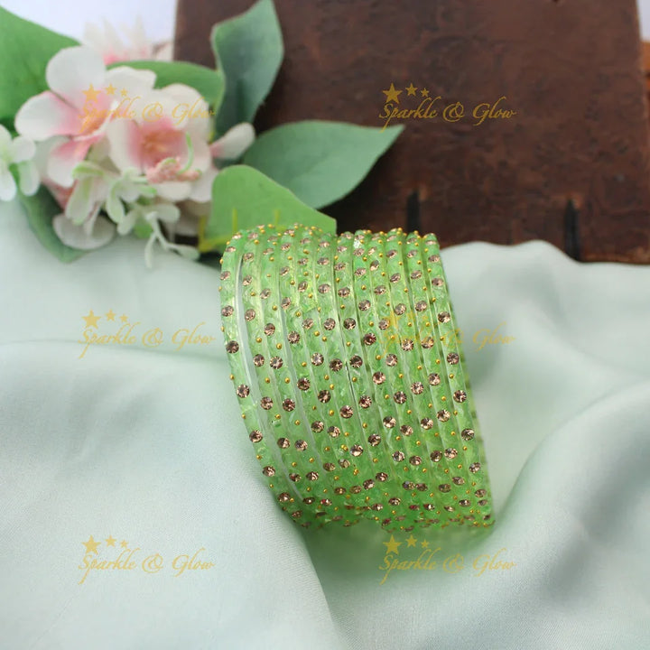 Adorable Glass Bangles with Golden Stone Accents – Set of 12