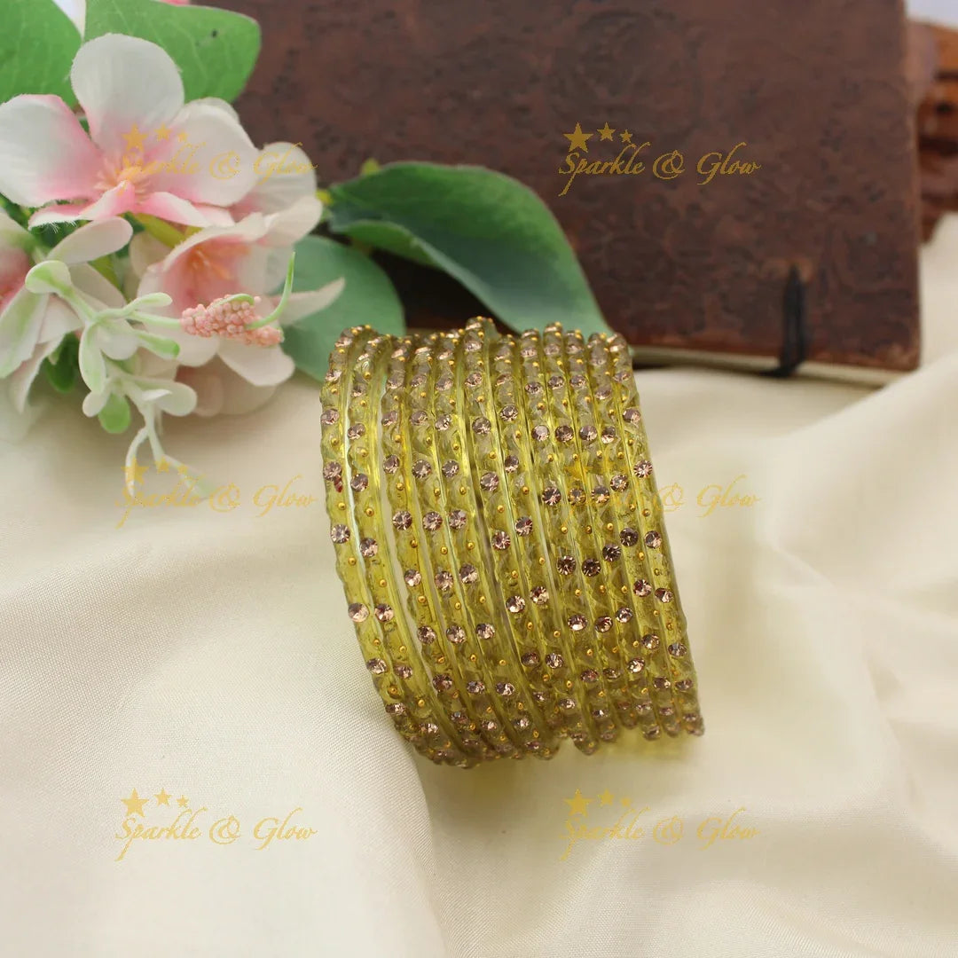 Adorable Glass Bangles with Golden Stone Accents – Set of 12