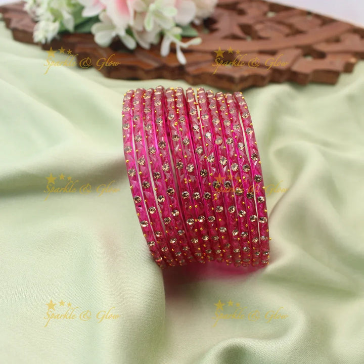 Adorable Glass Bangles with Golden Stone Accents – Set of 12