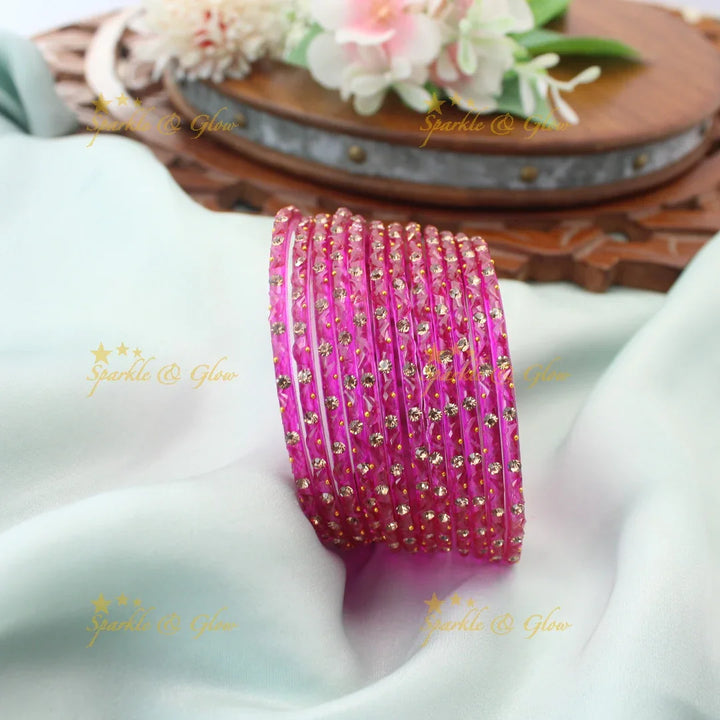 Adorable Glass Bangles with Golden Stone Accents – Set of 12