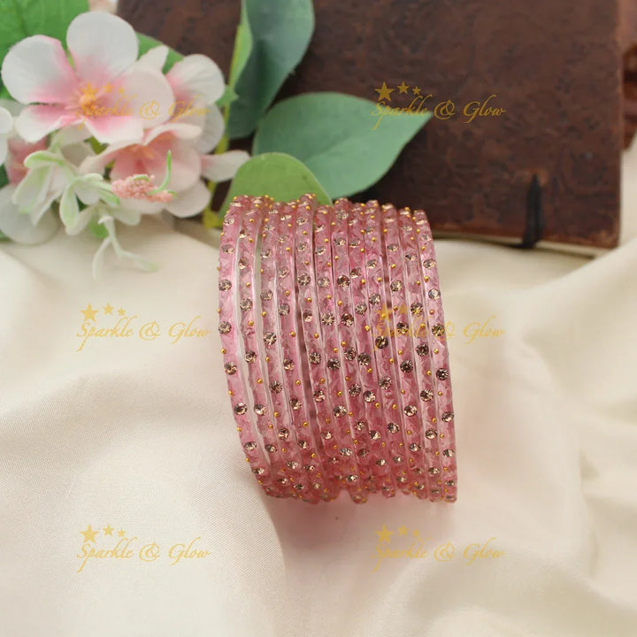 Adorable Glass Bangles with Golden Stone Accents – Set of 12