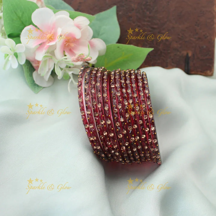 Adorable Glass Bangles with Golden Stone Accents – Set of 12