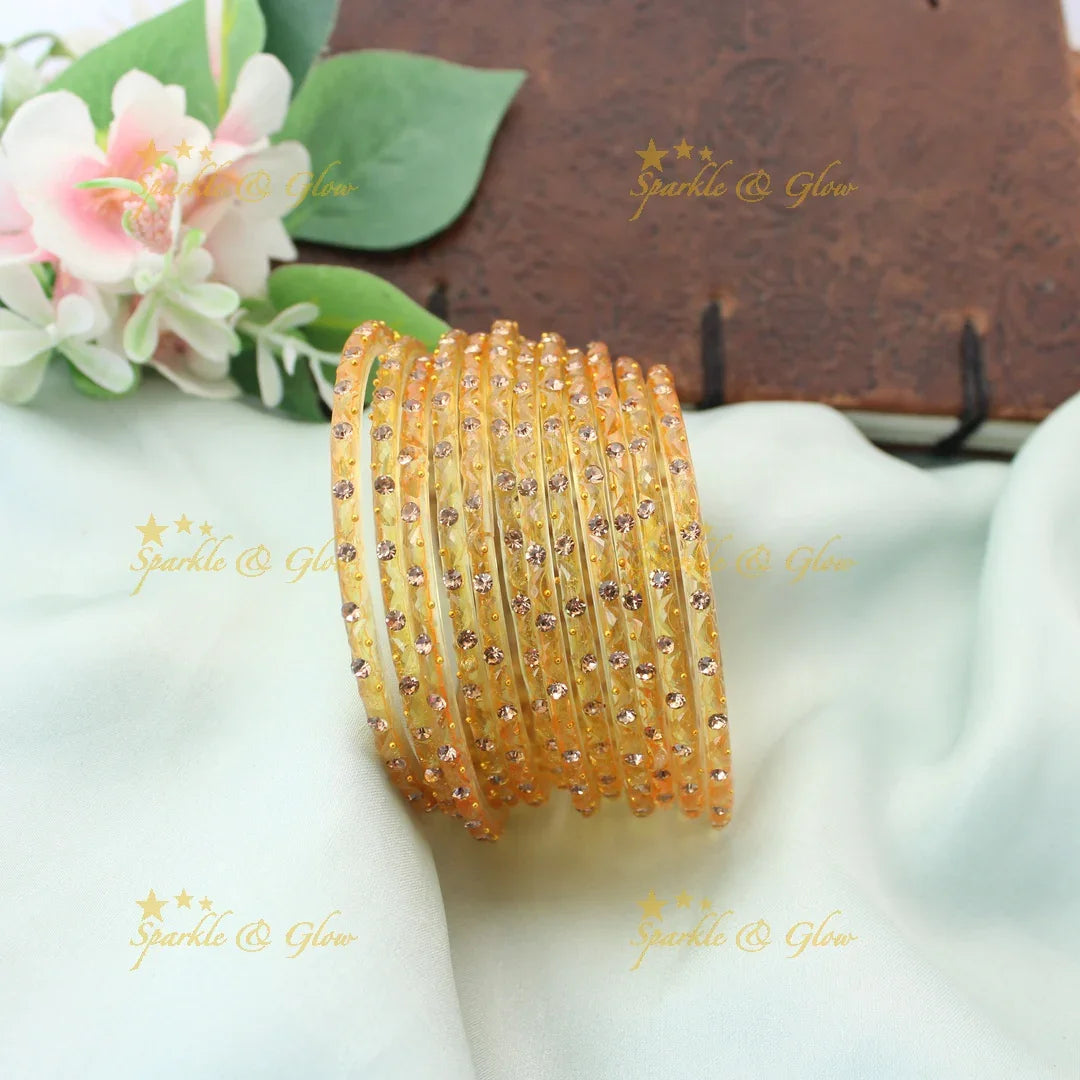 Adorable Glass Bangles with Golden Stone Accents – Set of 12
