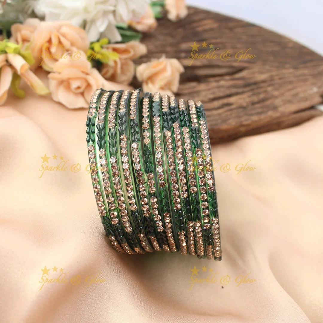 Stunning Glass Bangles with Stone Embellishments – Set of 12