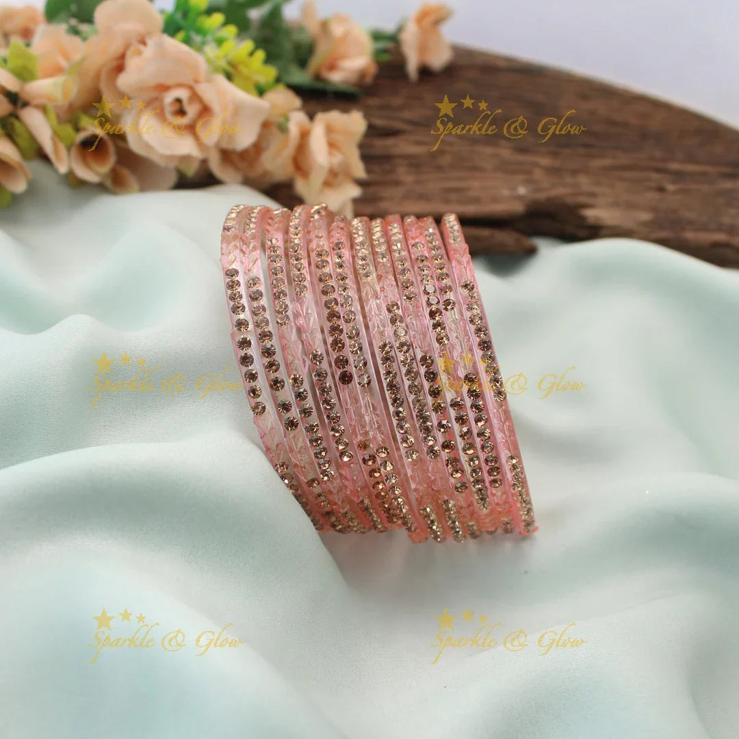 Stunning Glass Bangles with Stone Embellishments – Set of 12