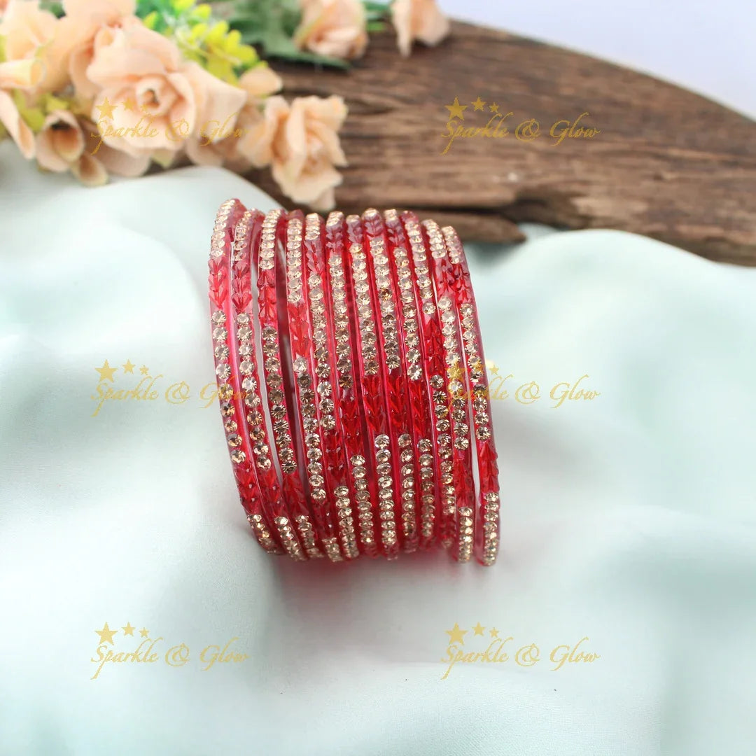 Stunning Glass Bangles with Stone Embellishments – Set of 12