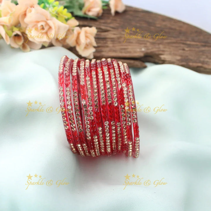 Stunning Glass Bangles with Stone Embellishments – Set of 12