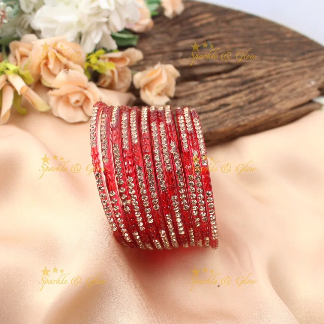 Stunning Glass Bangles with Stone Embellishments – Set of 12