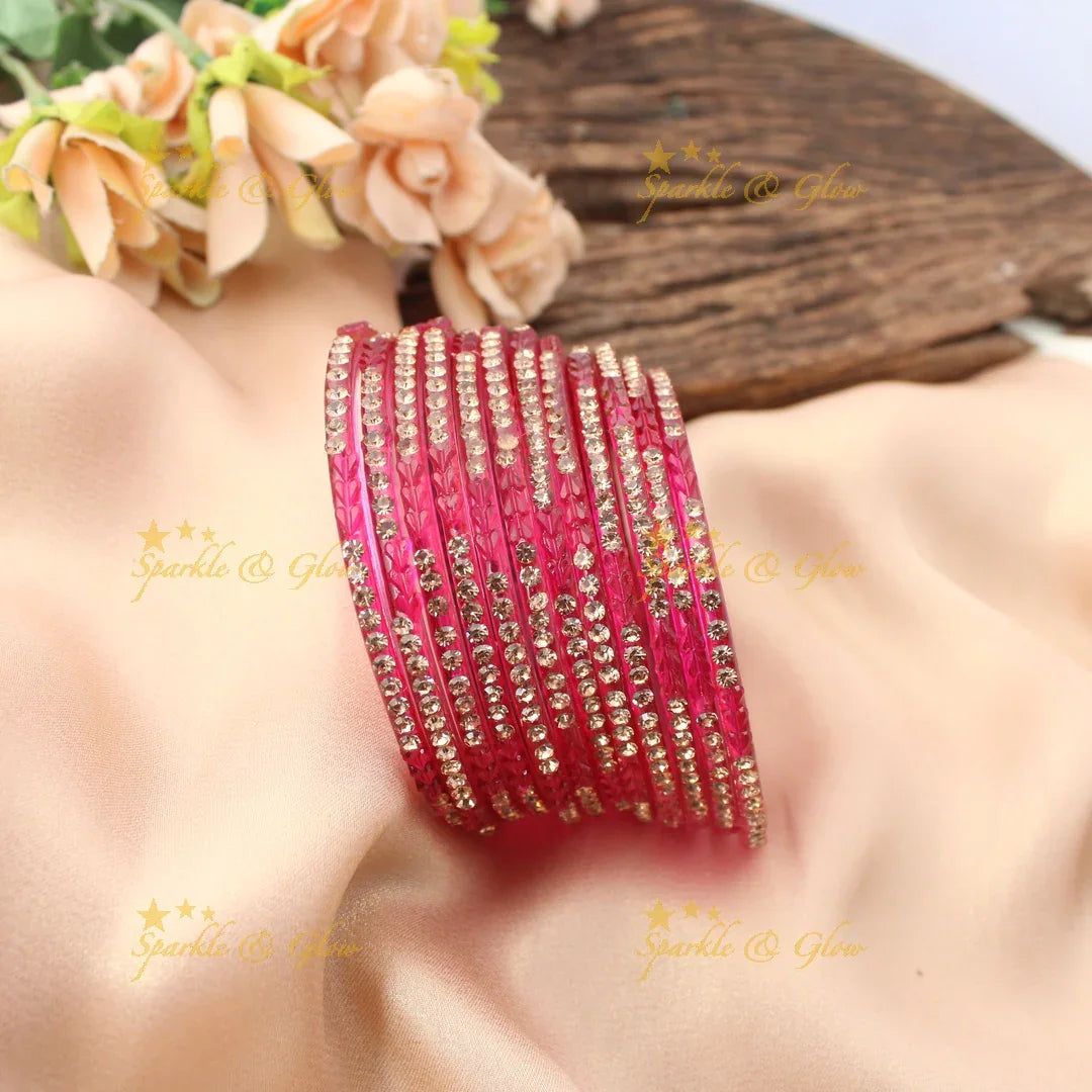 Stunning Glass Bangles with Stone Embellishments – Set of 12