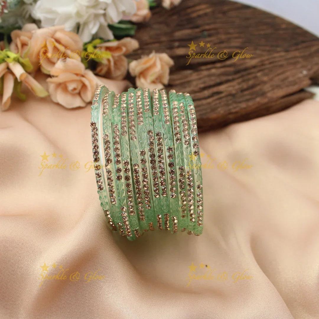 Stunning Glass Bangles with Stone Embellishments – Set of 12