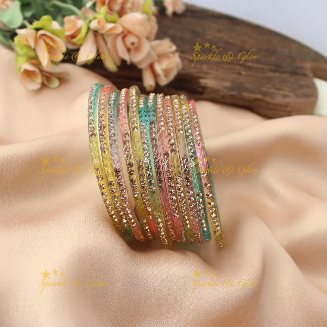 Stunning Glass Bangles with Stone Embellishments – Set of 12