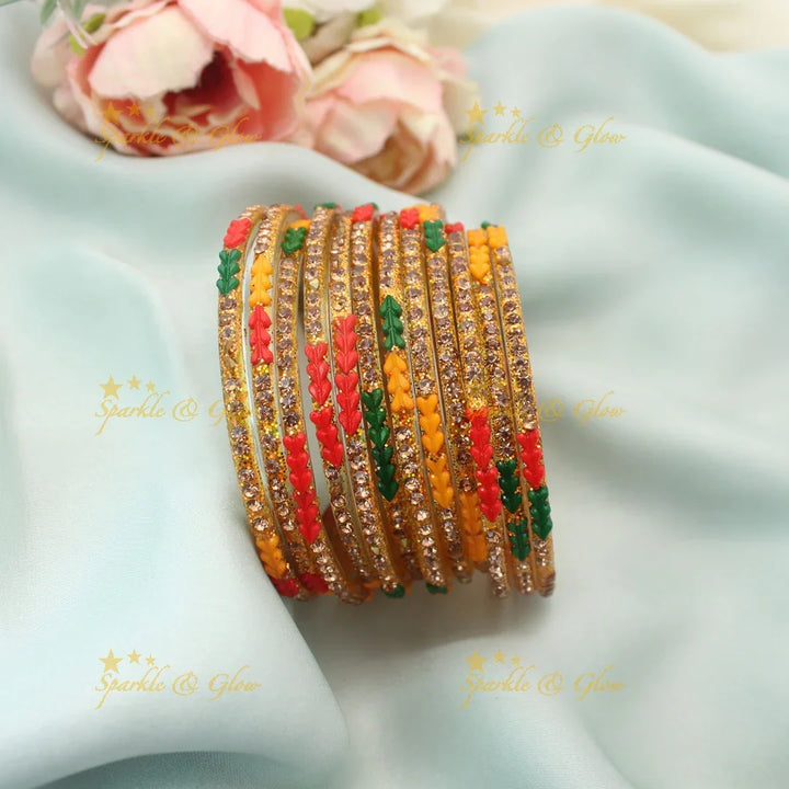 Sparkling Glass Bangles Set with Stone Detailing- Set of 12