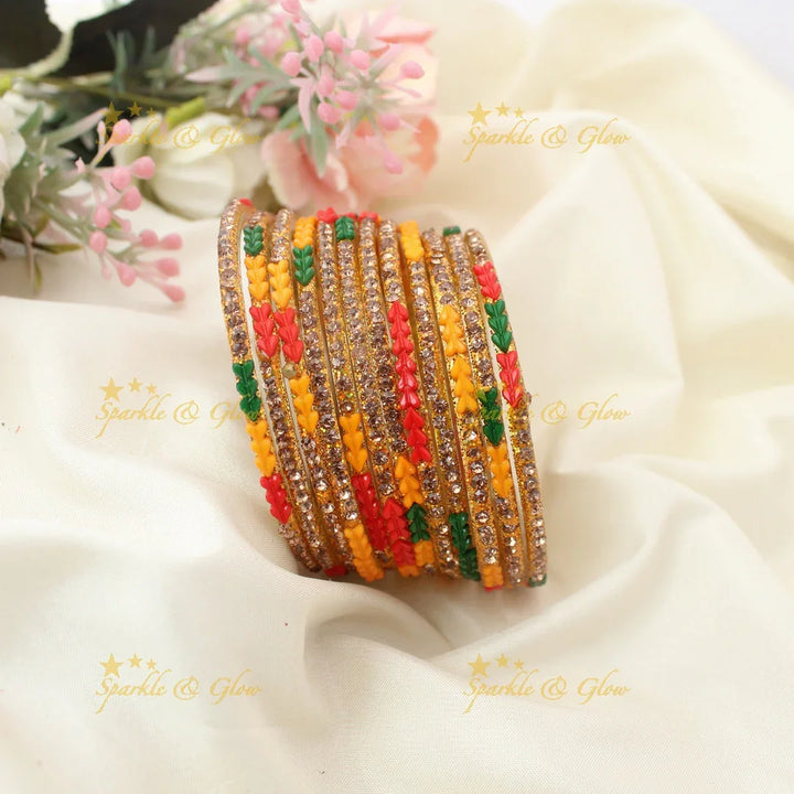 Sparkling Glass Bangles Set with Stone Detailing- Set of 12