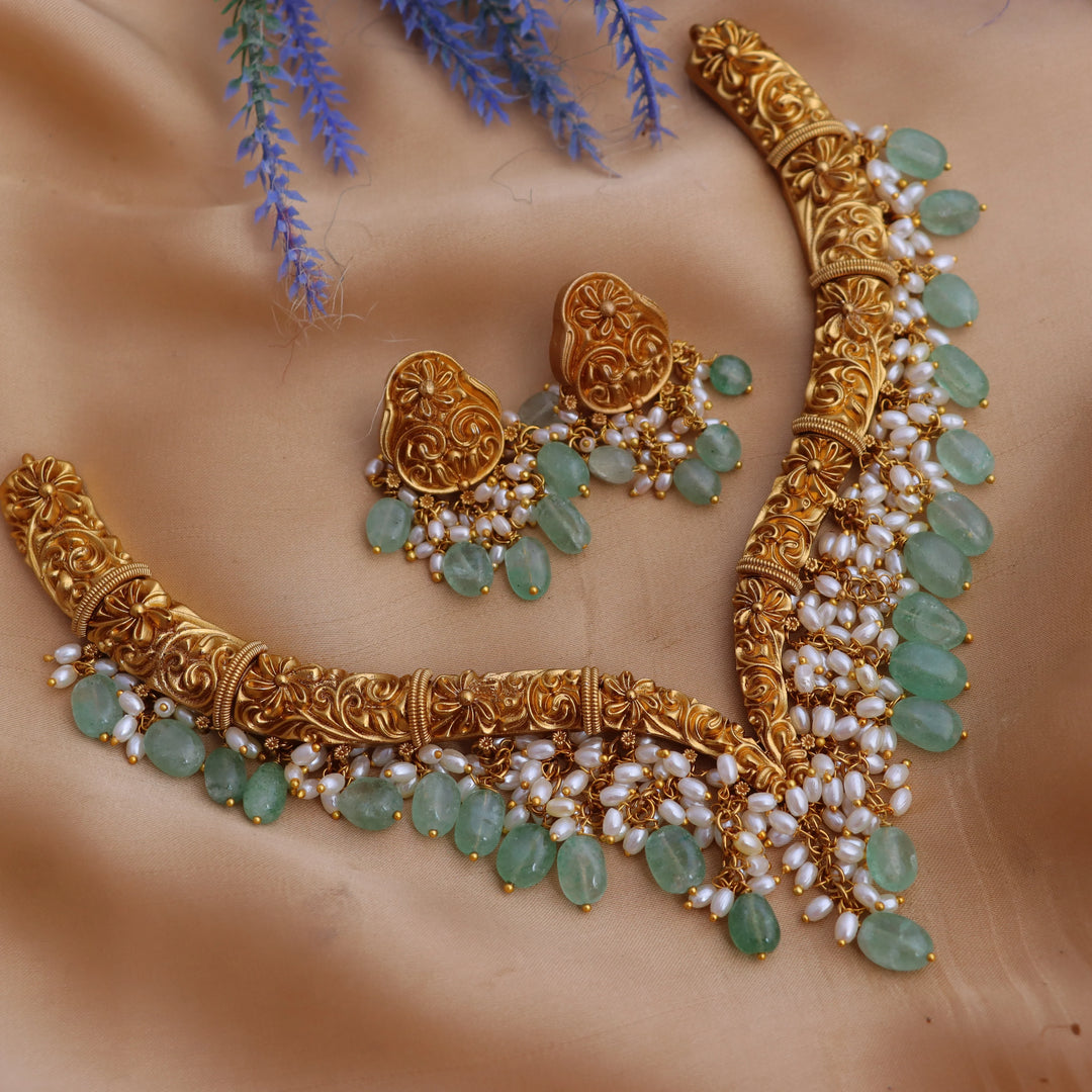 Statement Flower design Hasli short necklace with rice pearls - Sparkle and Glow