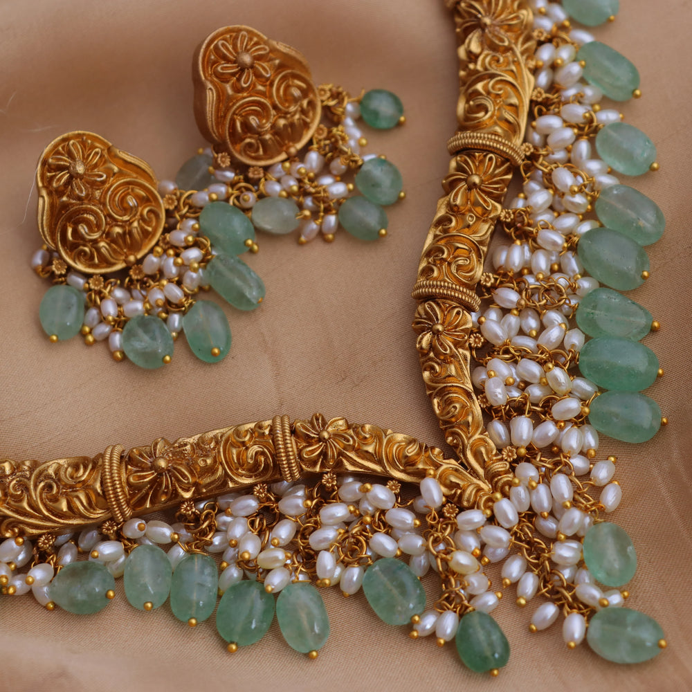 Statement Flower design Hasli short necklace with rice pearls - Sparkle and Glow