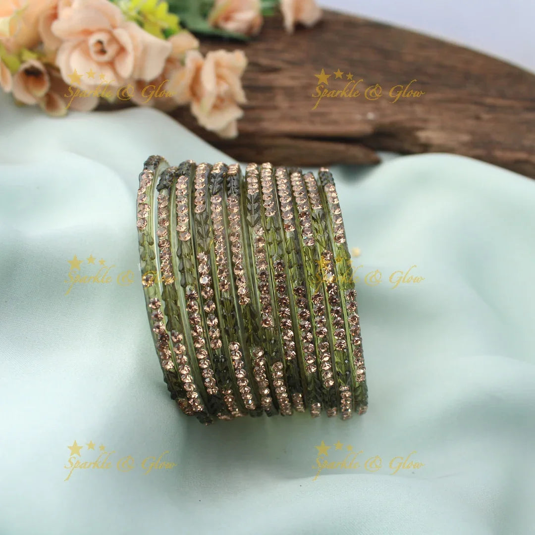 Stunning Glass Bangles with Stone Embellishments – Set of 12