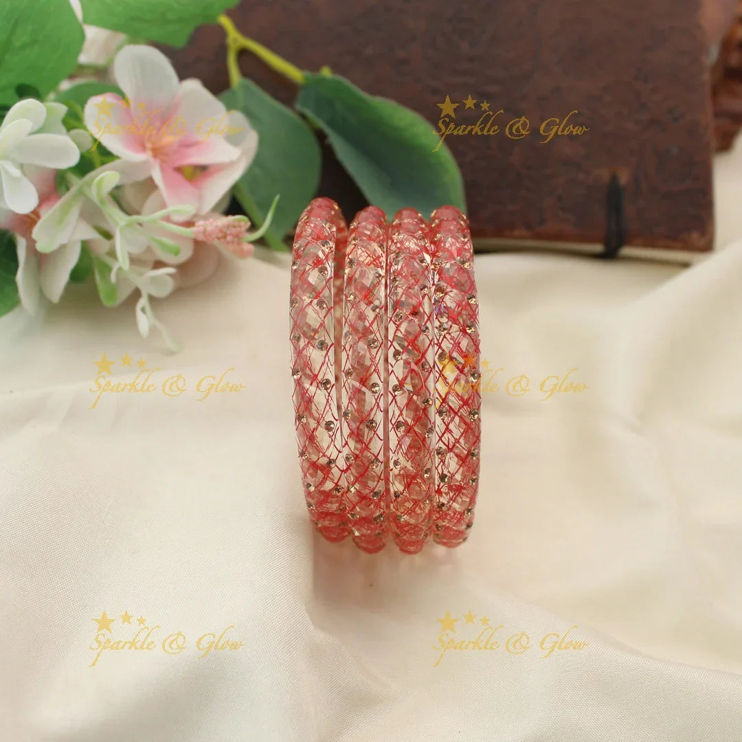 Elegant Pink Crystal-Cut Glass Bangles – Set of 4-Pink