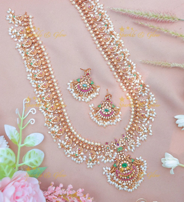Grand Peacock Floral Guttapusalu Haram with Pink and Green Accents - Sparkle and Glow