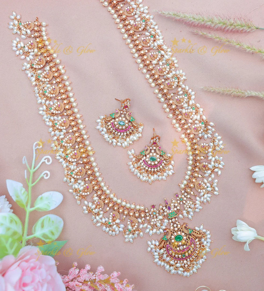 Grand Peacock Floral Guttapusalu Haram with Pink and Green Accents - Sparkle and Glow