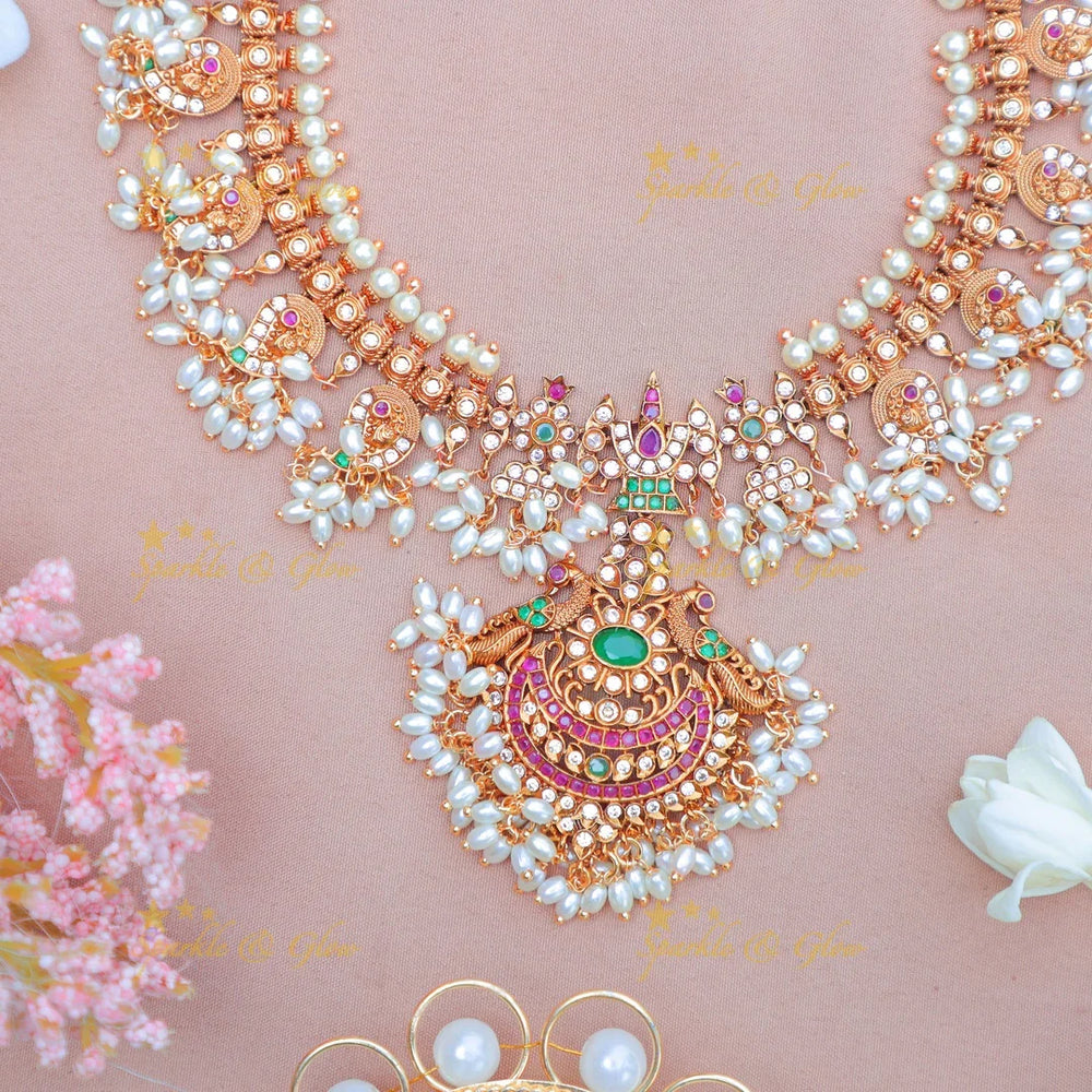 Grand Peacock Floral Guttapusalu Haram with Pink and Green Accents - Sparkle and Glow