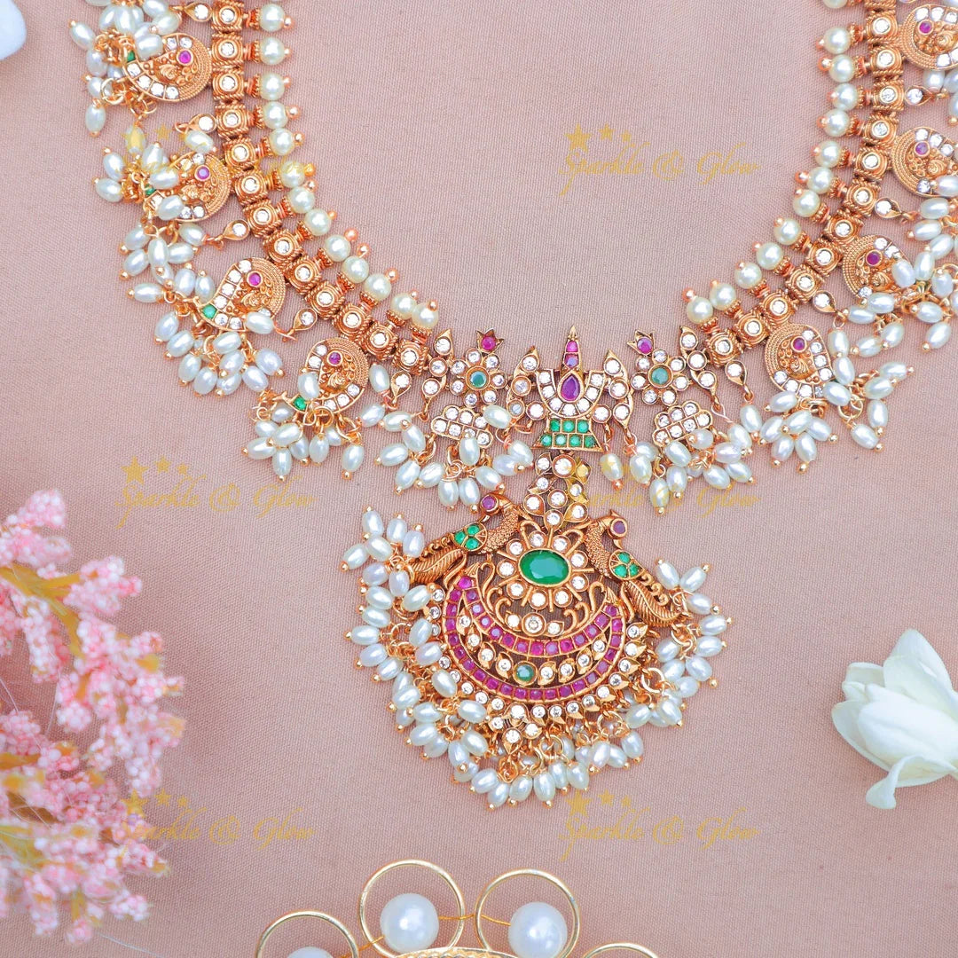 Grand Peacock Floral Guttapusalu Haram with Pink and Green Accents - Sparkle and Glow