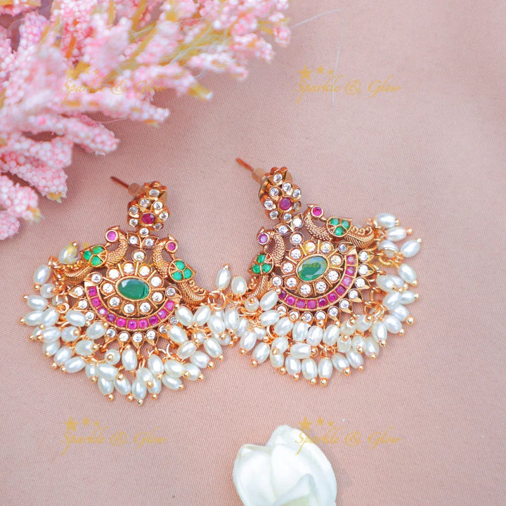 Grand Peacock Floral Guttapusalu Haram with Pink and Green Accents - Sparkle and Glow