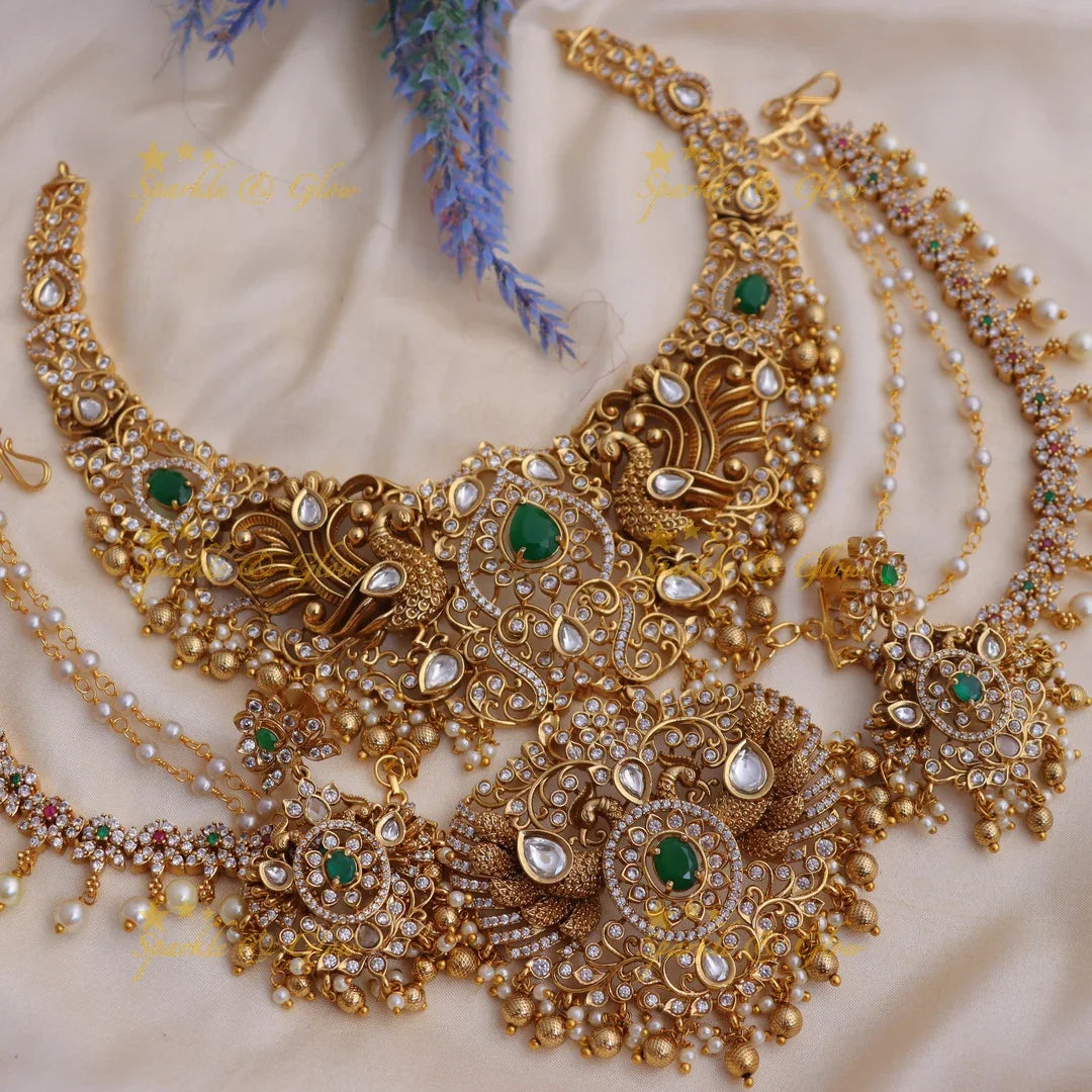 Grand Bridal Temple short necklace with Green Stones and Kundan Work - Sparkle and Glow
