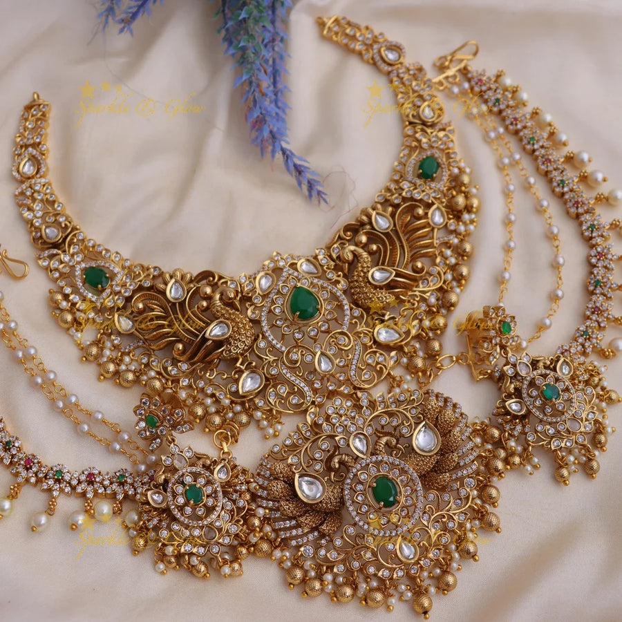 Grand Bridal Temple short necklace with Green Stones and Kundan Work - Sparkle and Glow