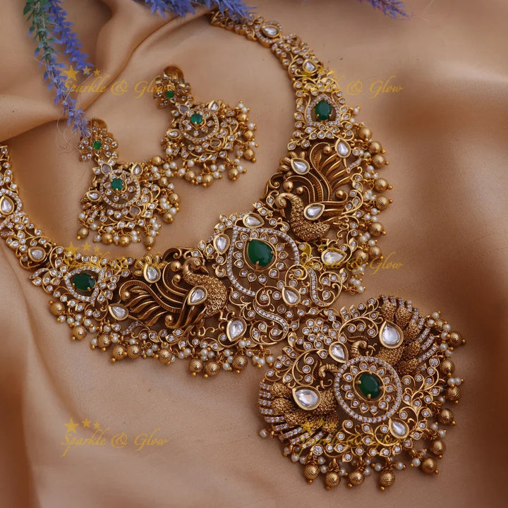 Grand Bridal Temple short necklace with Green Stones and Kundan Work - Sparkle and Glow